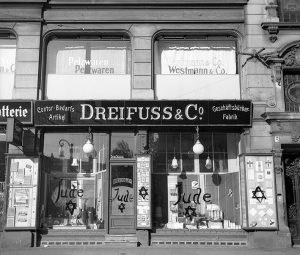 A view of a Jewish-run shop in Germany, after being vandalized by Nazis and covered with anti-Semitic graffiti, on Nov. 10, 1938.