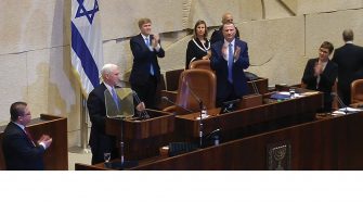US Vice President Mike Pence receives standing ovation from eight hundred guests in Israel’s parliament, the Knesset, on January 22, 2018, when he declares, “Jerusalem is Israel’s capital.”